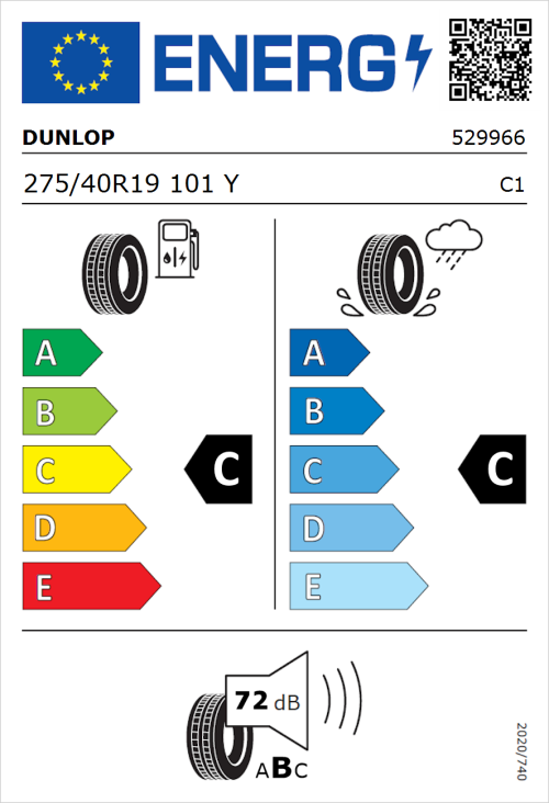 Tyre Label for Dunlop SP SportMaxx RT 275/40R19 101Y
