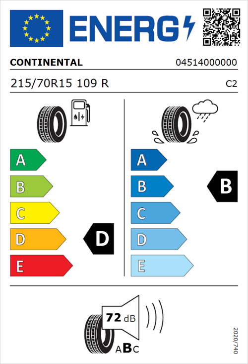 Tyre Label for Continental Vanco Camper 215/70R15 109R