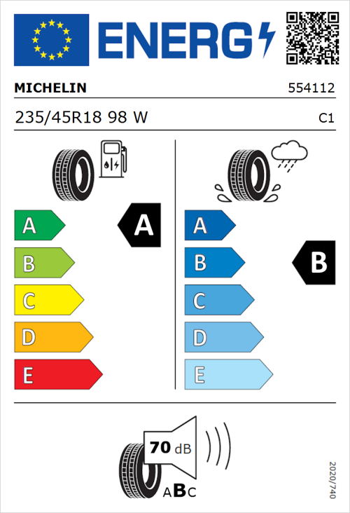 Tyre Label for Michelin e.primacy 235/45R18 98W